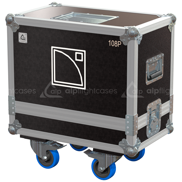 Front view of the professional twin touring flight case for 2x L-Acoustics 108P active coaxial speakers by ALP Flight Cases