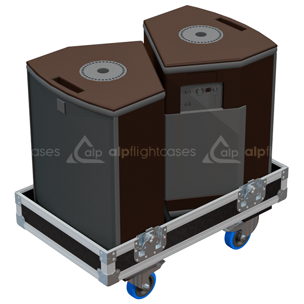 Two L-Acoustics 112P active speakers safely secured inside the custom twin flight case for professional rental