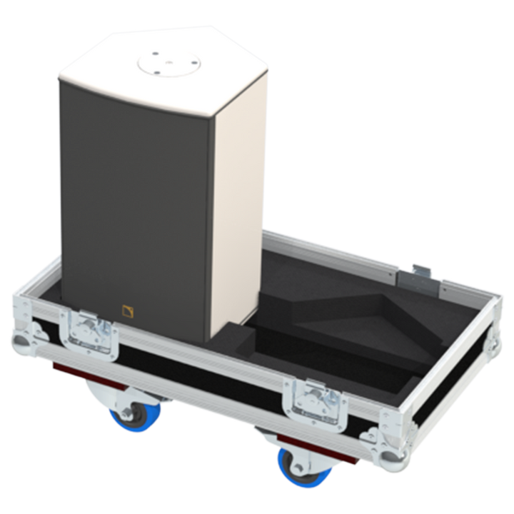 Two L'Acoustics 8XT coaxial speakers safely secured inside the custom twin flight case for professional rental
