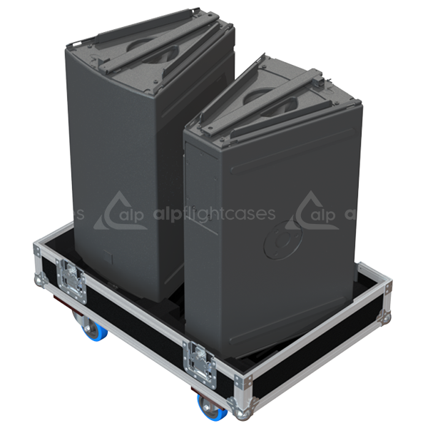 Two L-Acoustics ARCS Focus speakers safely secured inside the custom twin flight case for professional touring