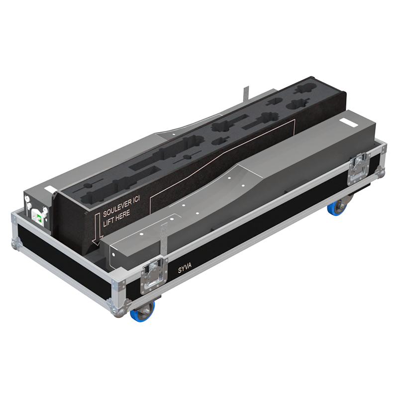 Two L'Acoustics Syva speakers safely secured inside the custom twin flight case for professional rental and events
