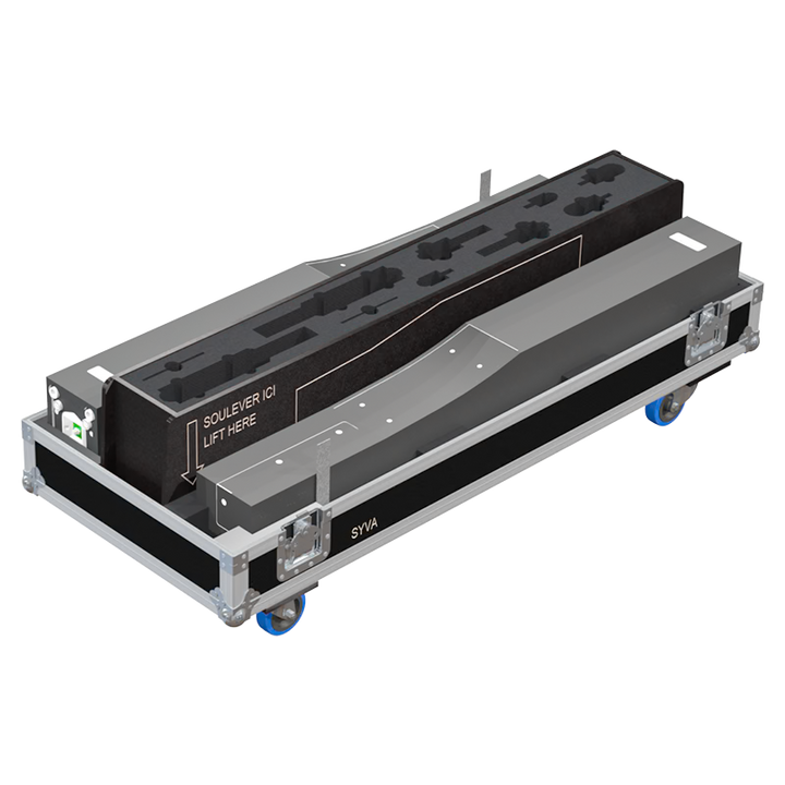 Two L'Acoustics Syva speakers safely secured inside the custom twin flight case for professional rental and events