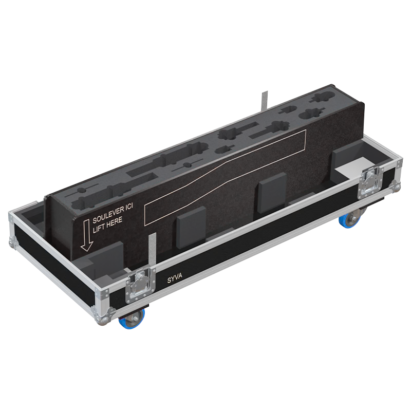 Empty interior of the twin flight case for 2x L'Acoustics Syva showing precision CNC-cut foam for colinear speaker protection