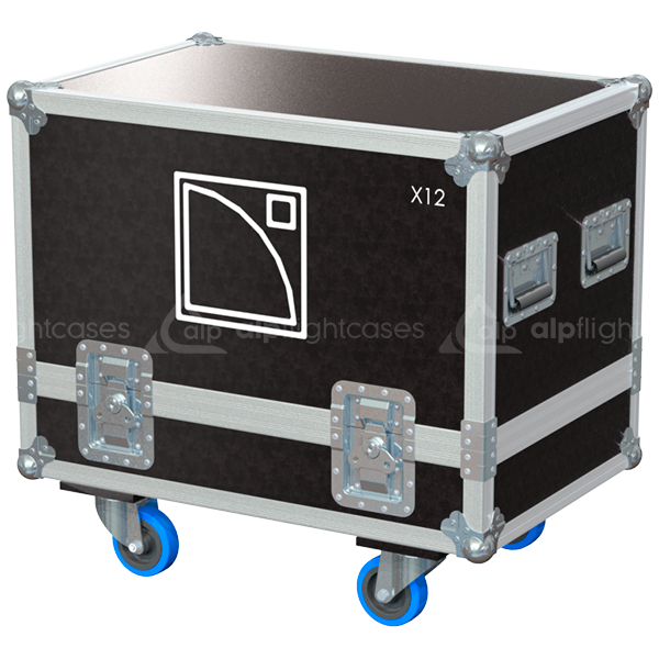 Rear view of the road case for L-Acoustics X12 showing heavy-duty hardware and 10mm birch plywood construction