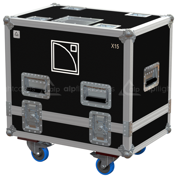 Front view of the professional twin touring flight case for 2x L-Acoustics X15 HiQ active stage monitors by ALP Flight Cases