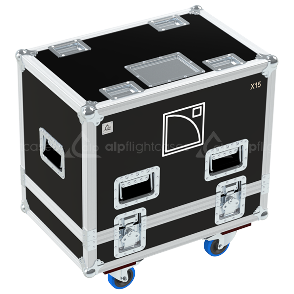 Front view of the professional twin touring flight case for 2x L-Acoustics X15 HiQ active stage monitors by ALP Flight Cases