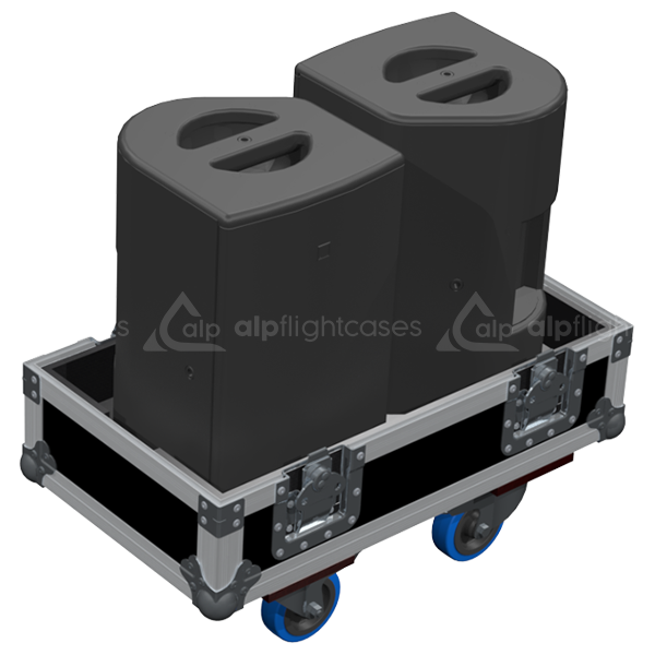 Two L-Acoustics X8 speakers safely secured inside the custom twin flight case for professional rental and touring