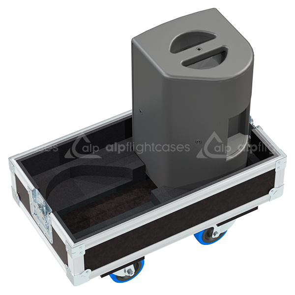 Two L-Acoustics X8 speakers safely secured inside the custom twin flight case for professional rental and touring