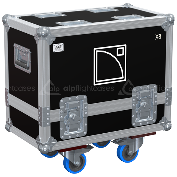 Front view of the professional twin touring flight case for 2x L-Acoustics X8 coaxial speakers by ALP Flight Cases