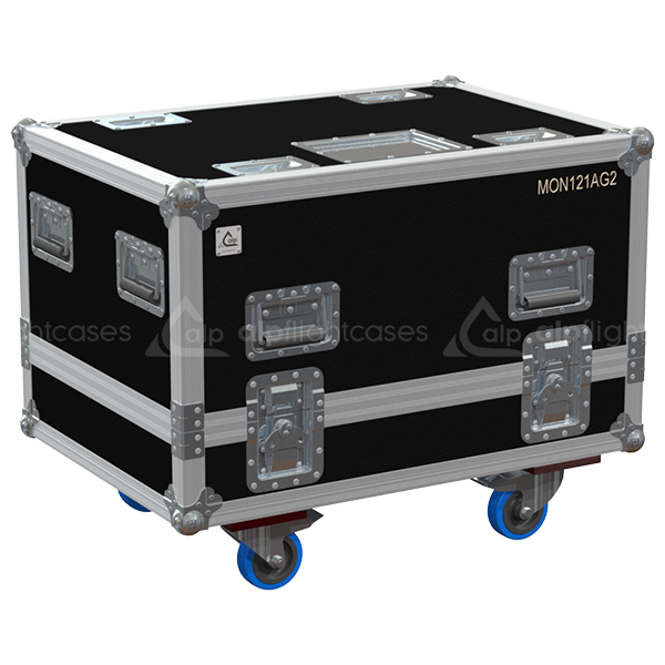 Front view of the professional twin touring flight case for 2x LD Systems MON 121 A G2 active stage monitors by ALP Flight Cases