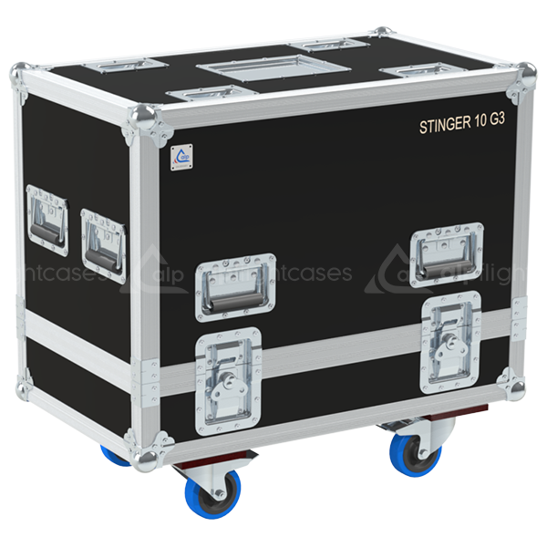 Front view of the professional twin touring flight case for 2x LD Systems Stinger 10 G3 passive/active speakers by ALP Flight Cases
