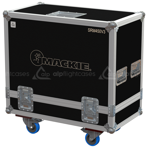 Front view of the professional twin touring flight case for 2x Mackie SRM450 active speakers by ALP Flight Cases