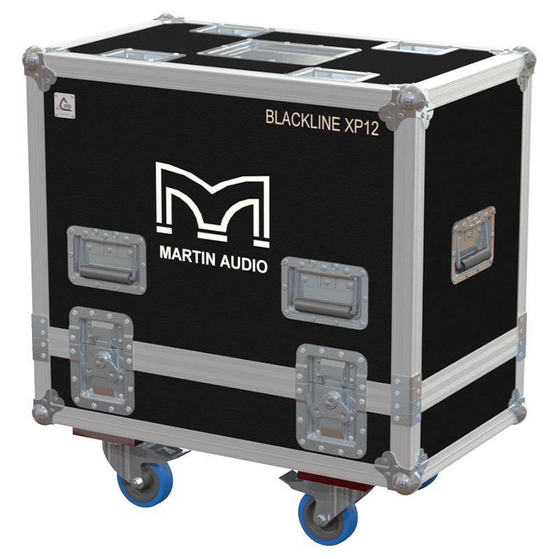 Front view of the professional twin touring flight case for 2x Martin Audio Blackline XP12 speakers by ALP Flight Cases