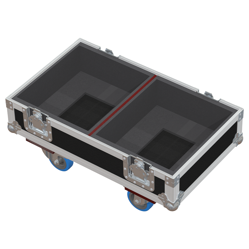 Empty interior of the flight case for 2x Martin Audio XP12 showing precision CNC-cut foam for high-density audio protection