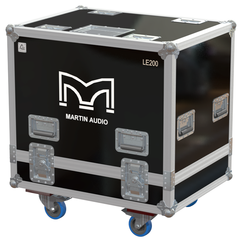 Rear view of the road case for Martin Audio LE200 showing heavy-duty hardware and 10mm birch plywood construction