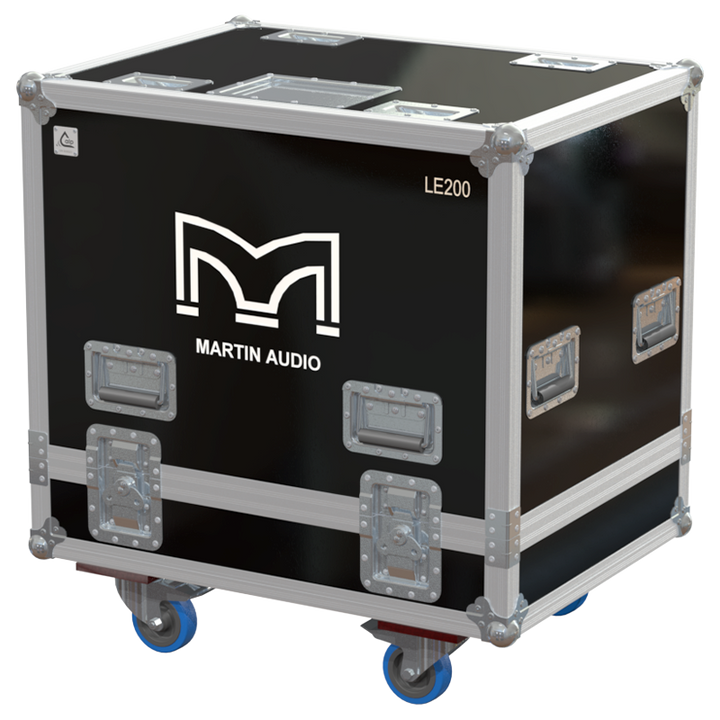 Rear view of the road case for Martin Audio LE200 showing heavy-duty hardware and 10mm birch plywood construction