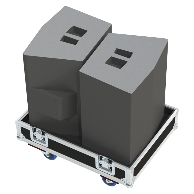 Two Martin Audio W8VDQ V2 line source modules safely secured inside the custom flight case for professional rental