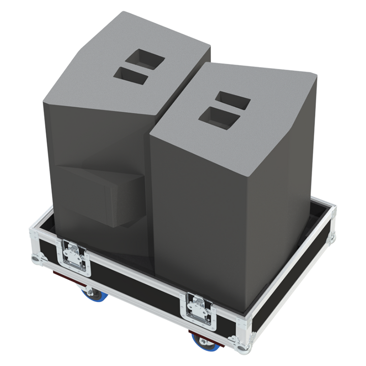 Two Martin Audio W8VDQ V2 line source modules safely secured inside the custom flight case for professional rental