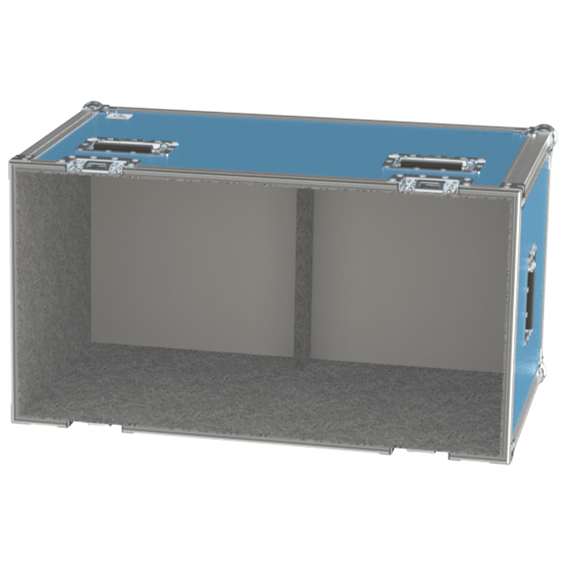 Empty interior of the flight case for 2x Meyer Sound UPA-1P showing precision CNC-cut foam for high-density audio protection