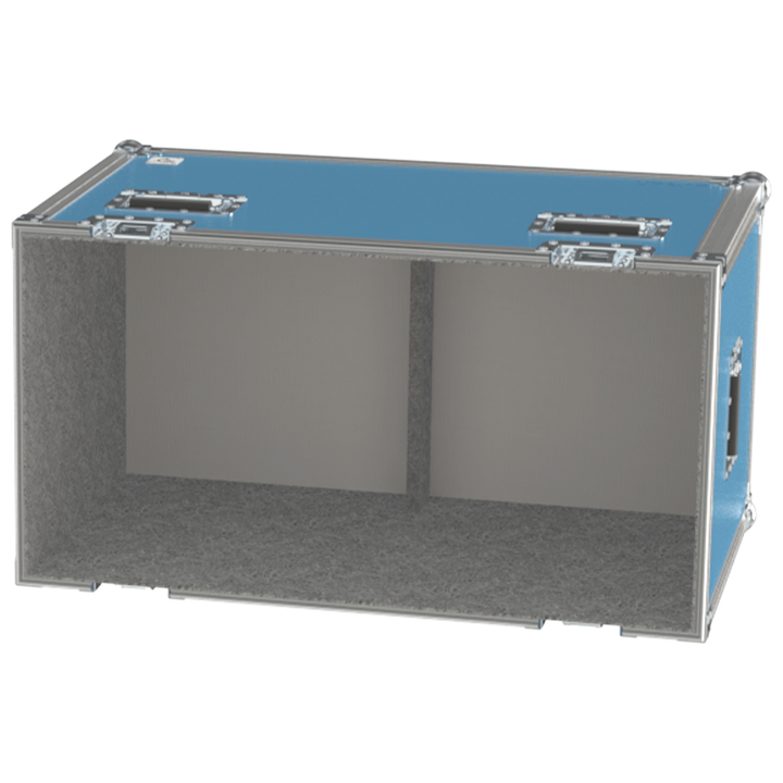 Empty interior of the flight case for 2x Meyer Sound UPA-1P showing precision CNC-cut foam for high-density audio protection