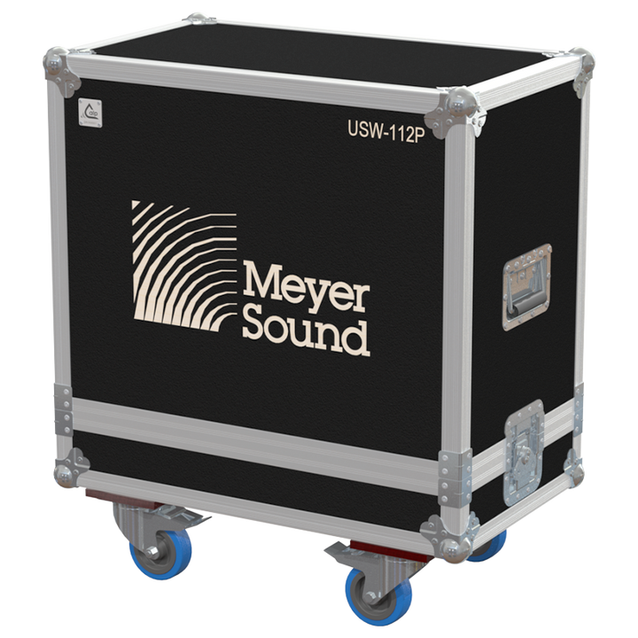 Front view of the professional twin touring flight case for 2x Meyer Sound USW-112P subwoofers by ALP Flight Cases