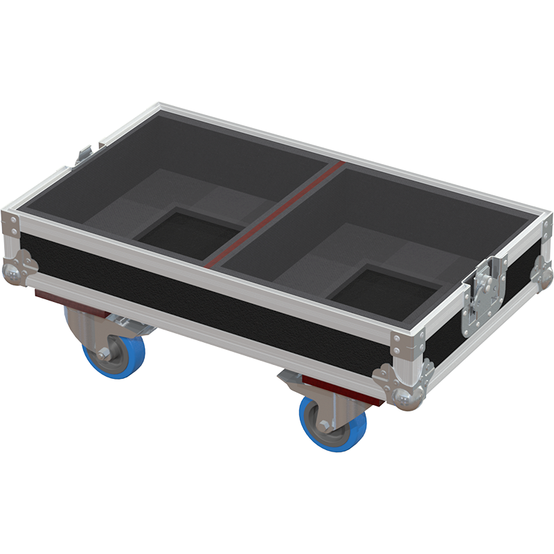 Empty interior of the flight case for 2x Meyer Sound USW-112P showing precision CNC-cut foam for high-density protection