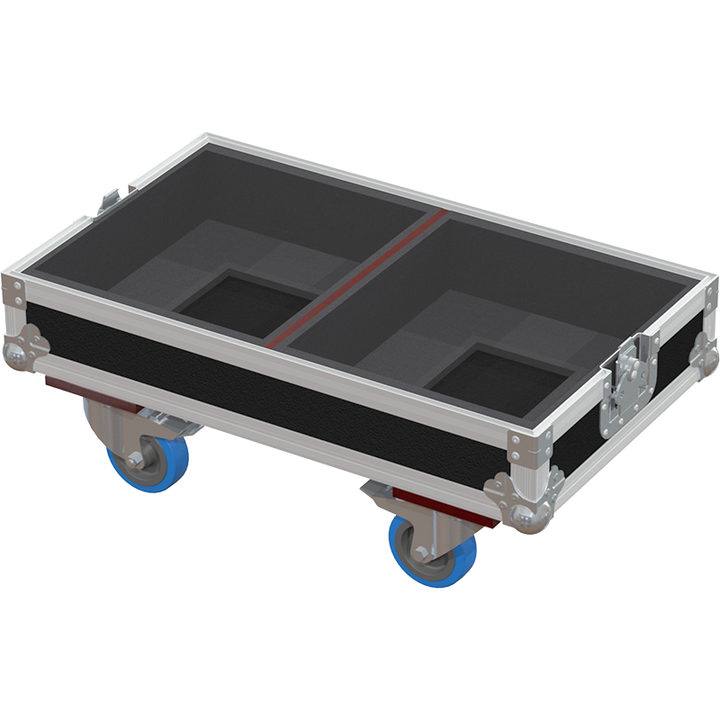 Empty interior of the flight case for 2x Meyer Sound USW-112P showing precision CNC-cut foam for high-density protection