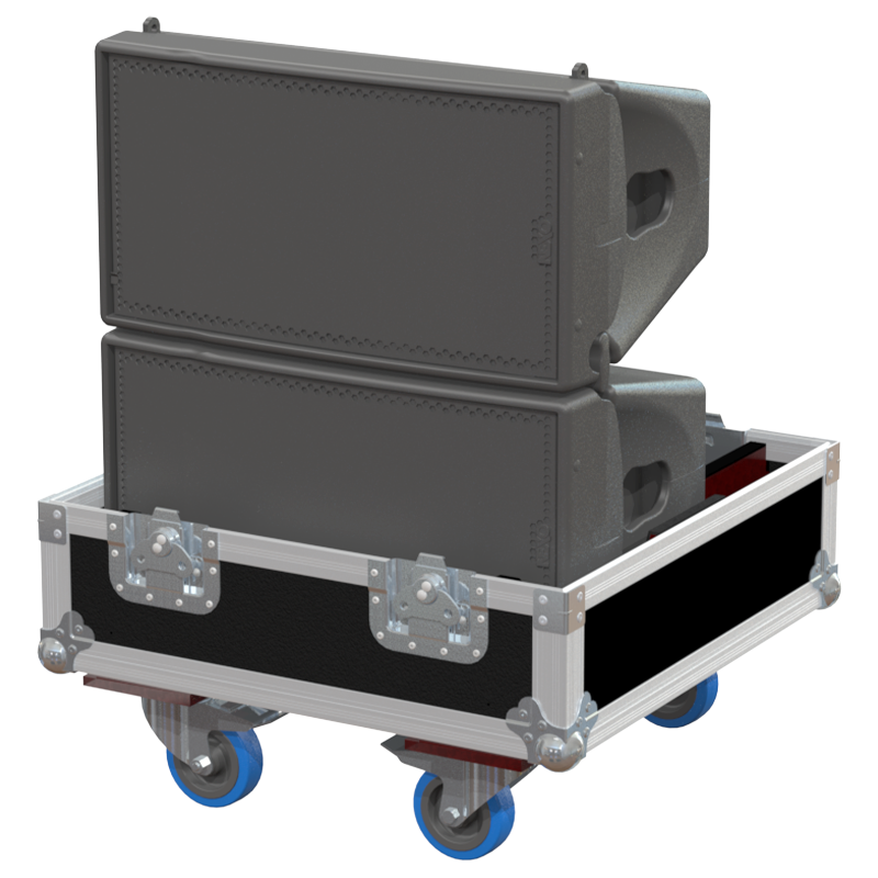 Two NEXO GEO M10 line array modules safely secured inside the custom twin flight case for professional rental