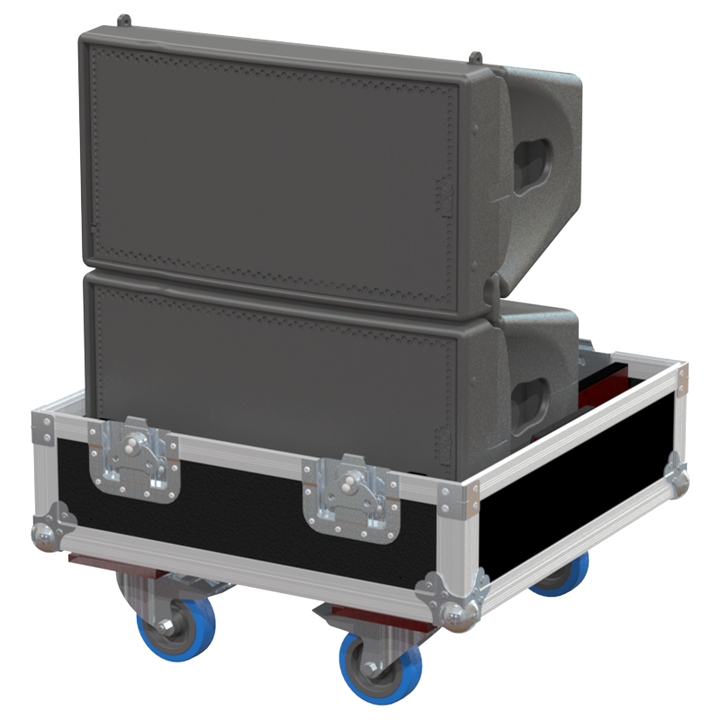 Two NEXO GEO M10 line array modules safely secured inside the custom twin flight case for professional rental