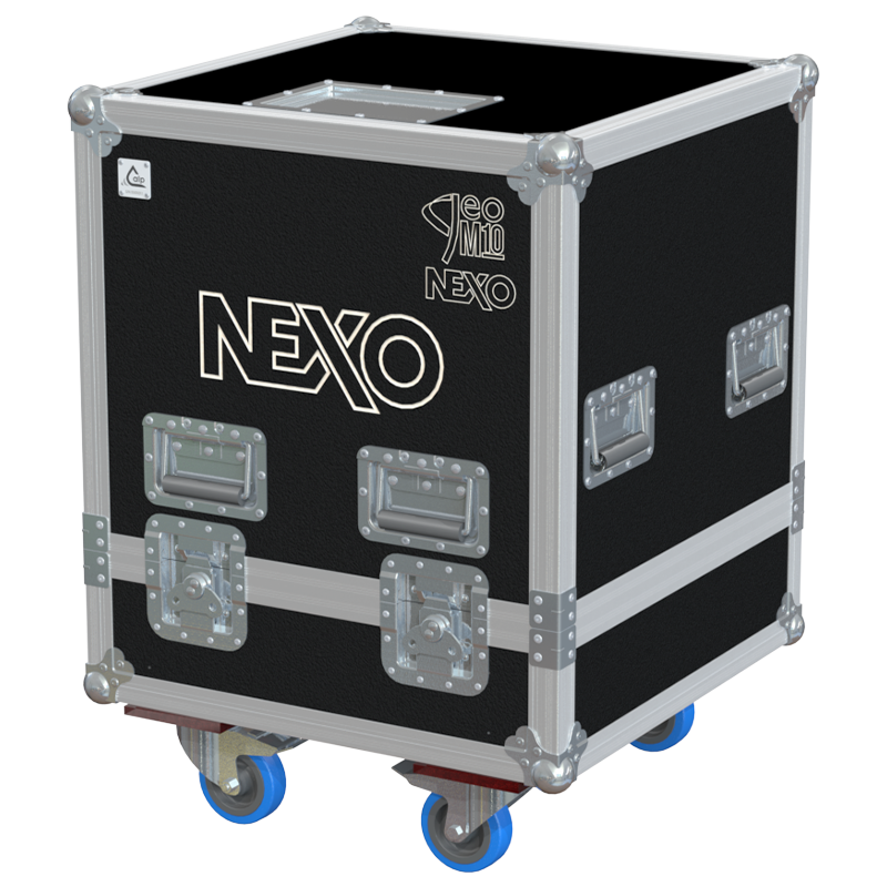 Front view of the professional twin touring flight case for 2x NEXO GEO M10 line array modules by ALP Flight Cases
