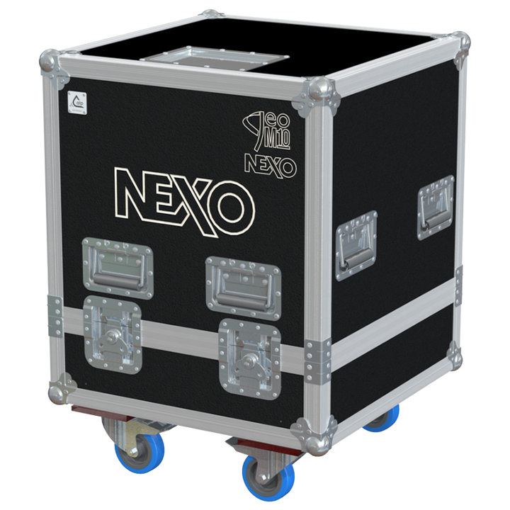 Front view of the professional twin touring flight case for 2x NEXO GEO M10 line array modules by ALP Flight Cases