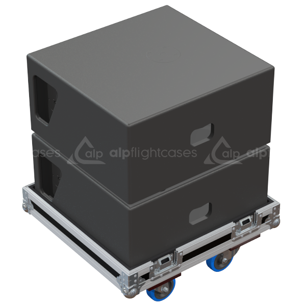 Two NEXO ID S110 subwoofers safely secured inside the custom twin flight case for professional rental