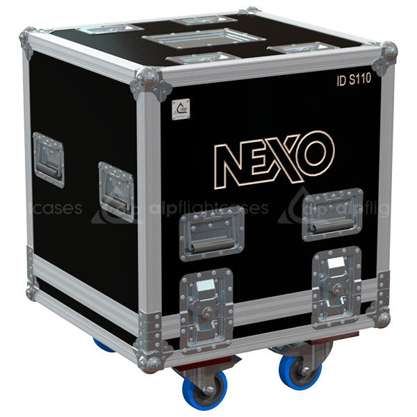 Front view of the professional twin touring flight case for 2x NEXO ID S110 subwoofers by ALP Flight Cases