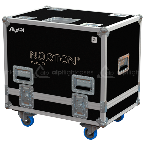 Front view of the professional twin touring flight case for 2x Norton Audio M2CX coaxial monitors by ALP Flight Cases