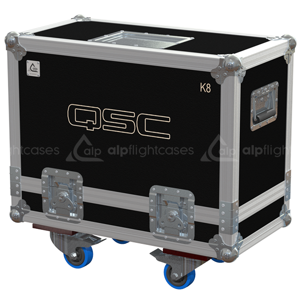 Front view of the professional twin touring flight case for 2x QSC K8 active speakers by ALP Flight Cases