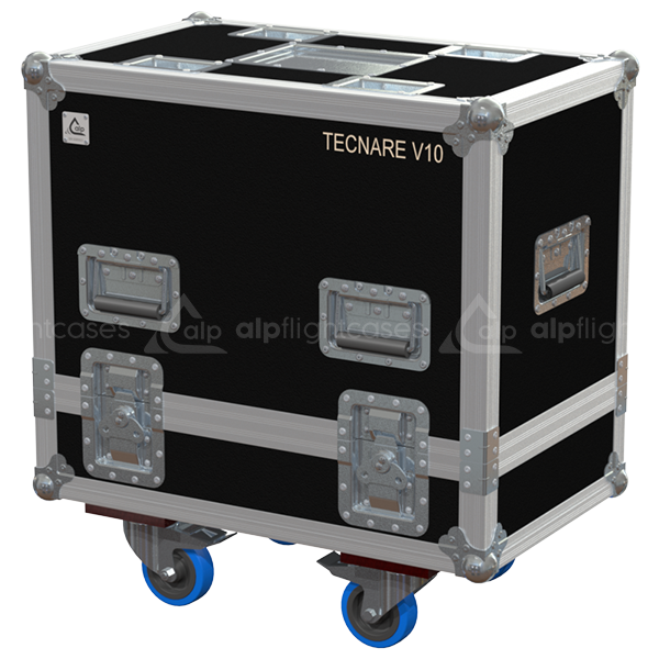 Front view of the professional twin touring flight case for 2x Tecnare V10 speakers by ALP Flight Cases