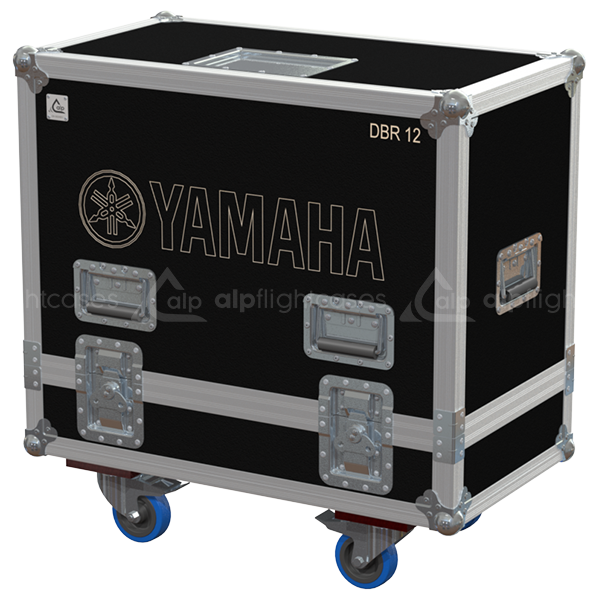Front view of the professional twin touring flight case for 2x Yamaha DBR12 active speakers by ALP Flight Cases