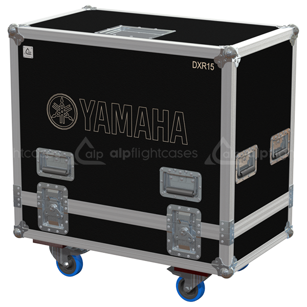 Front view of the professional twin touring flight case for 2x Yamaha DXR15 active speakers by ALP Flight Cases