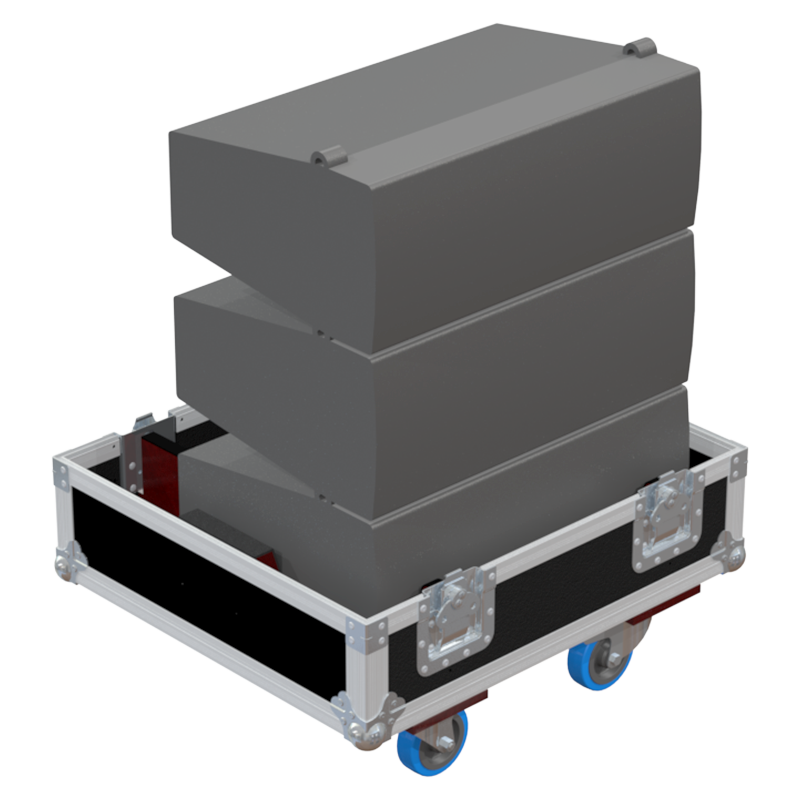 Three APG UC206W line array modules safely secured inside the custom triple flight case for professional touring