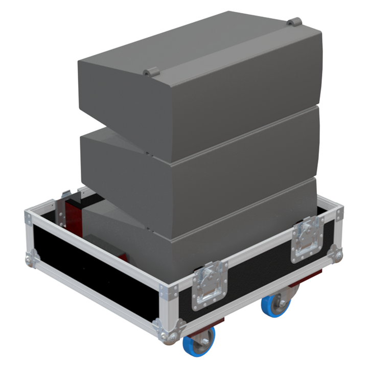 Three APG UC206W line array modules safely secured inside the custom triple flight case for professional touring