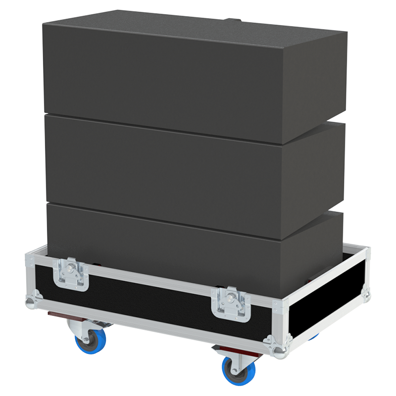 Three Bose ShowMatch SM5 modules safely secured inside the custom triple flight case for professional touring