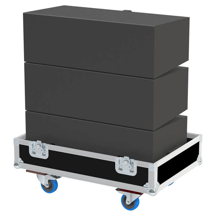 Three Bose ShowMatch SM5 modules safely secured inside the custom triple flight case for professional touring