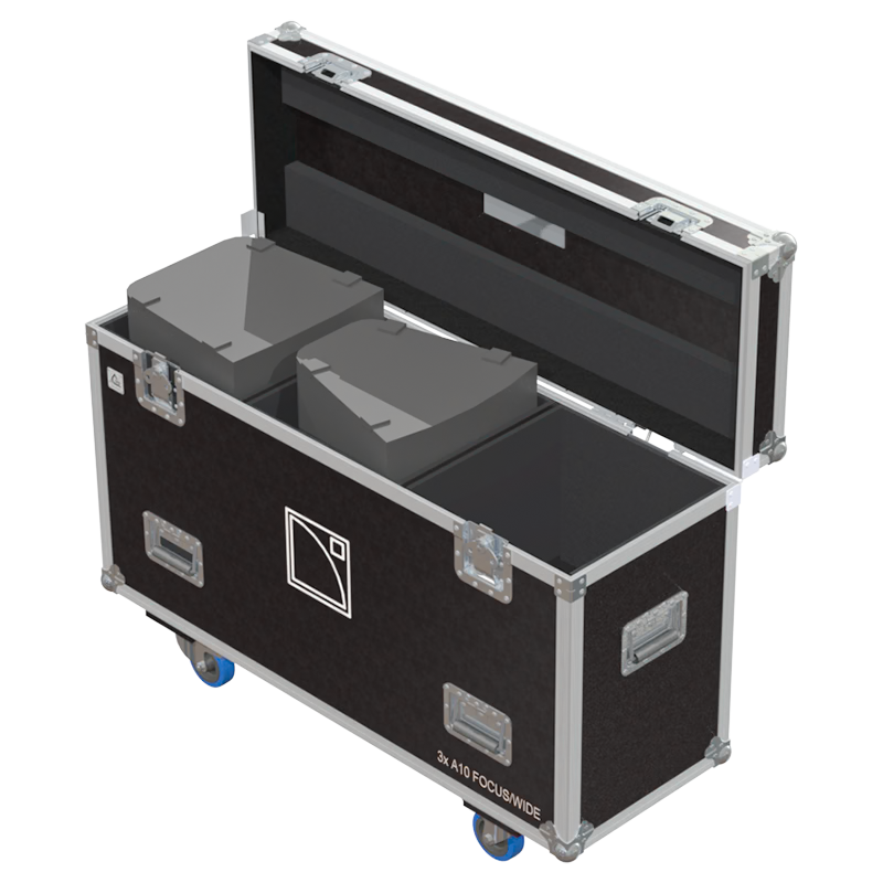 Three L-Acoustics A10 line source modules safely secured inside the custom flight case for professional rental