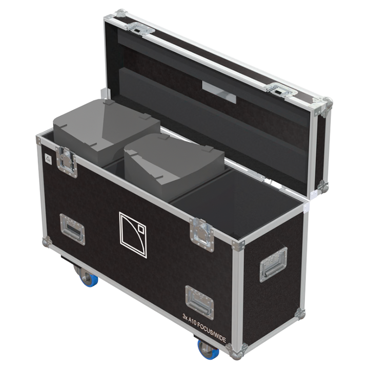 Three L-Acoustics A10 line source modules safely secured inside the custom flight case for professional rental