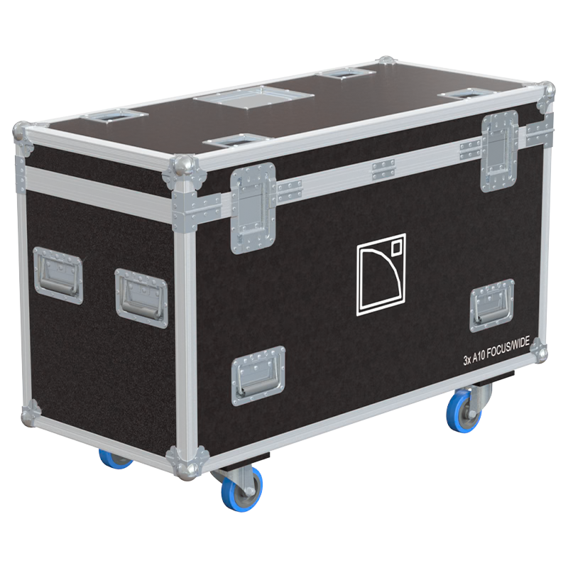 Rear view of the road case for L-Acoustics A10 showing heavy-duty hardware and 10mm birch plywood construction