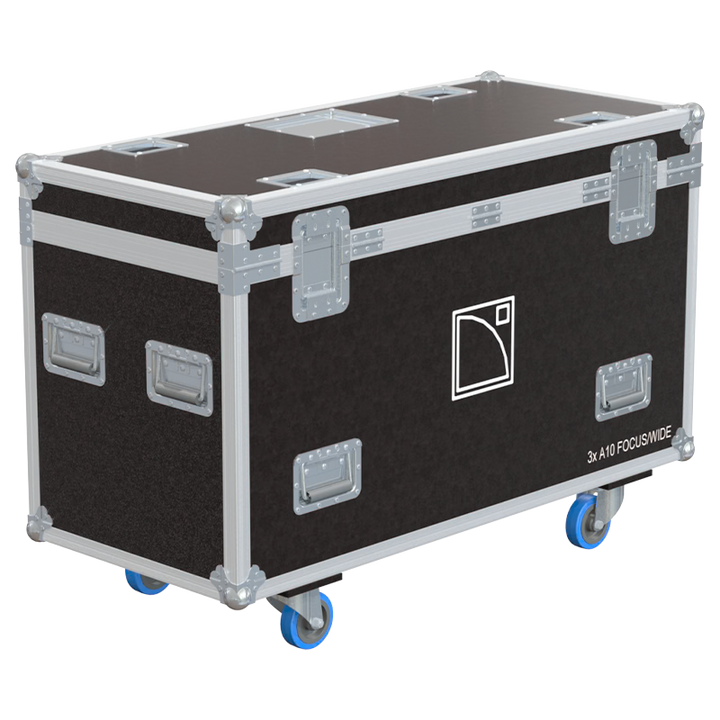 Rear view of the road case for L-Acoustics A10 showing heavy-duty hardware and 10mm birch plywood construction