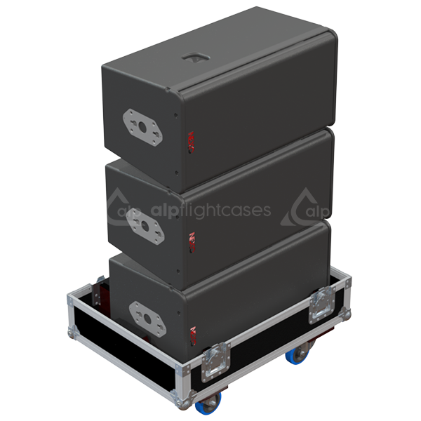 Three Nexo GEO S1210 modules safely secured inside the custom triple flight case for professional touring