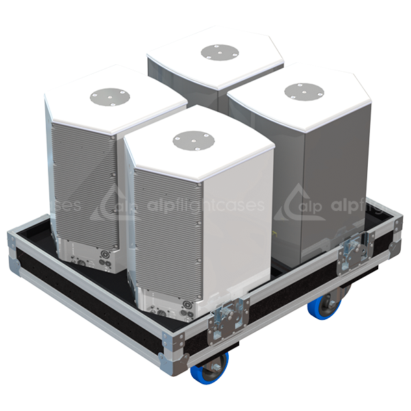 Four L'Acoustics 108P coaxial speakers safely secured inside the custom quad flight case for professional rental