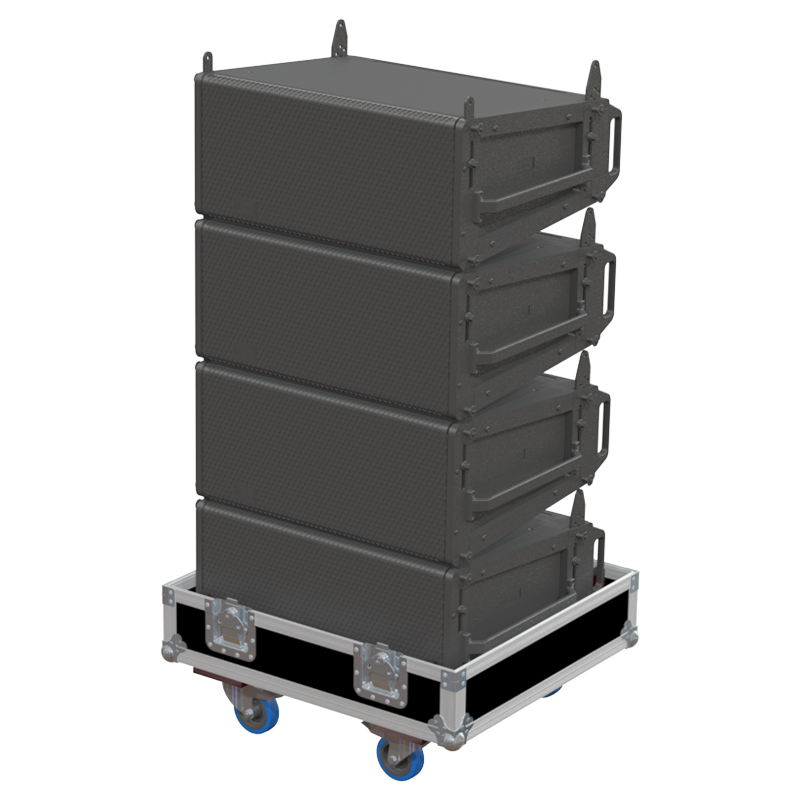 Four Meyer Sound LEOPARD line array modules safely secured inside the custom quad flight case for professional rental