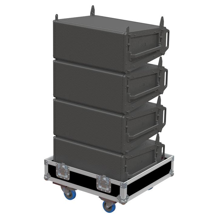 Four Meyer Sound LEOPARD line array modules safely secured inside the custom quad flight case for professional rental